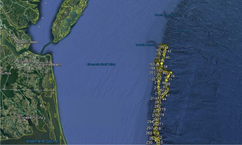Satellite map of the mid-Atlantic coast with the Seaglider's surface positions marked along the shelf break