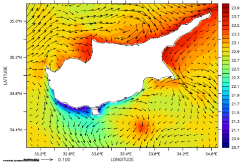 Model of sea surface temperature and currents around Cyprus