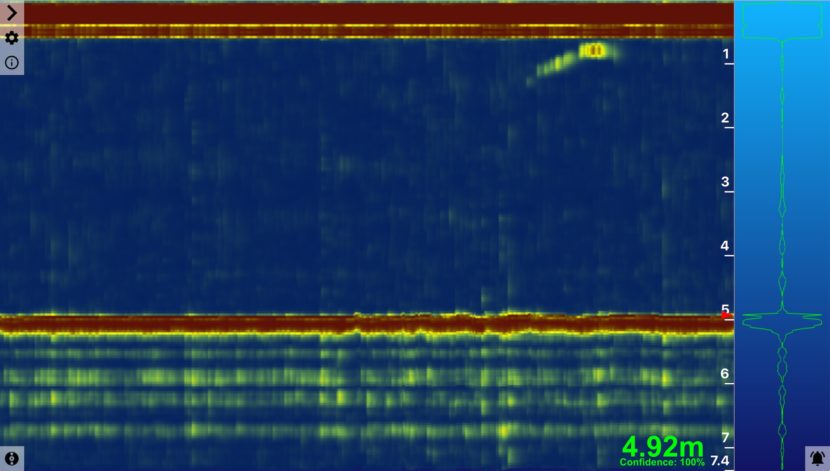 PingViewer showing an echo plot with a distance reading of 4.92 m